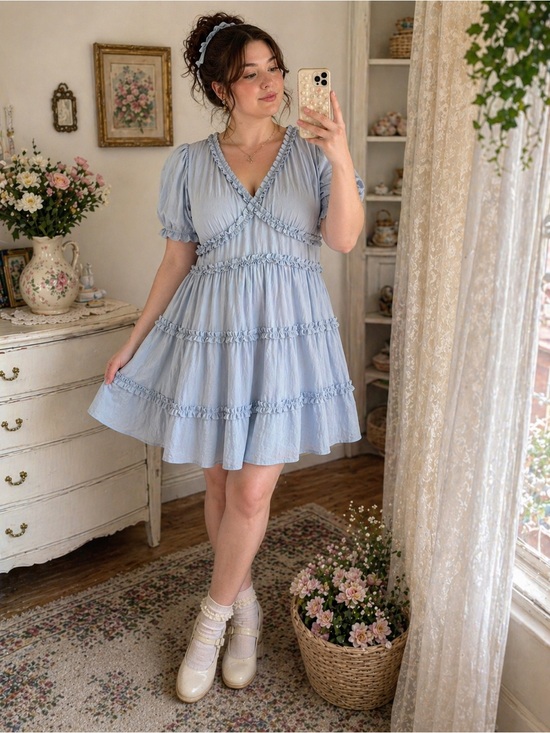 Mi Ami Dresses & Skirts - Mi Ami Pastel Blue Cottagecore Milkmaid Tiered Dress 1XL Babydoll  Romantic Plus